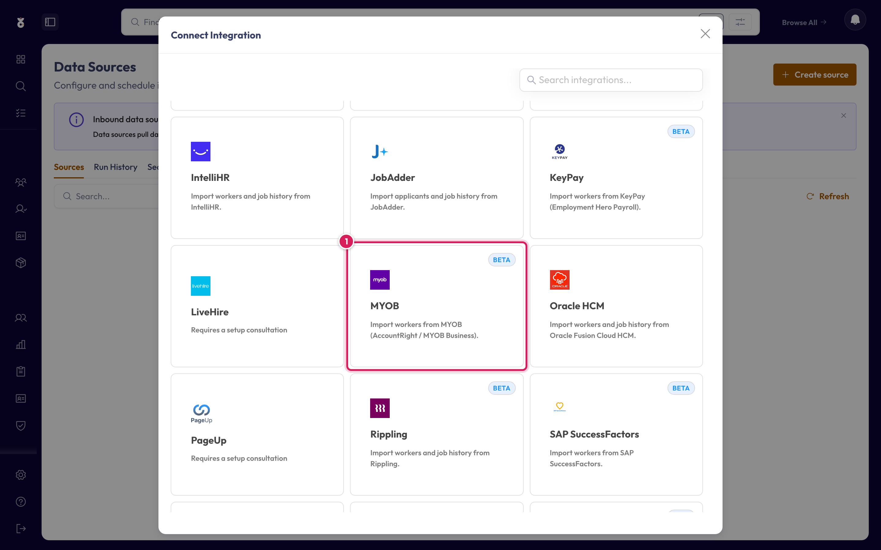 Choosing MYOB as the source in Oho