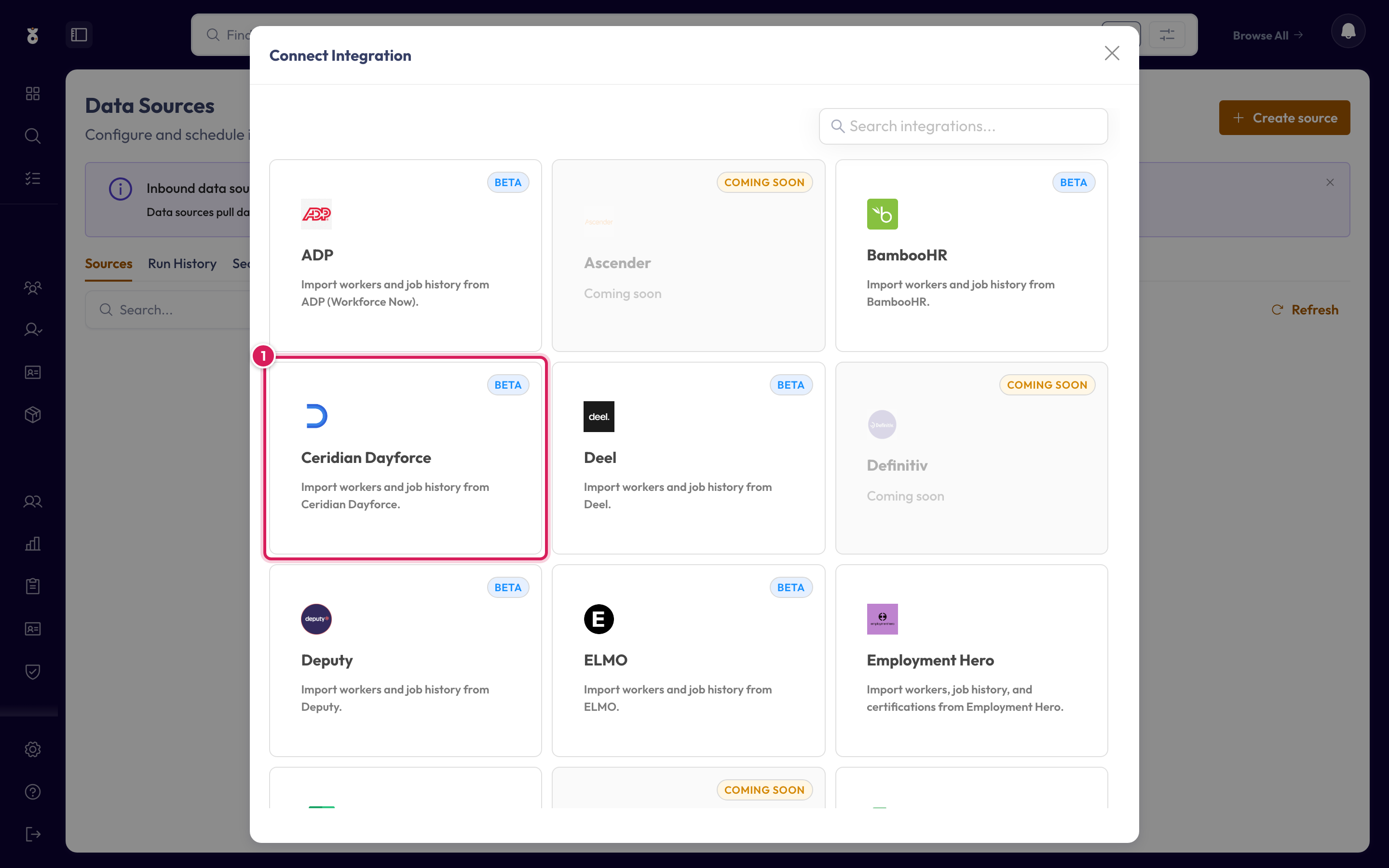 Choosing Ceridian Dayforce as the source in Oho