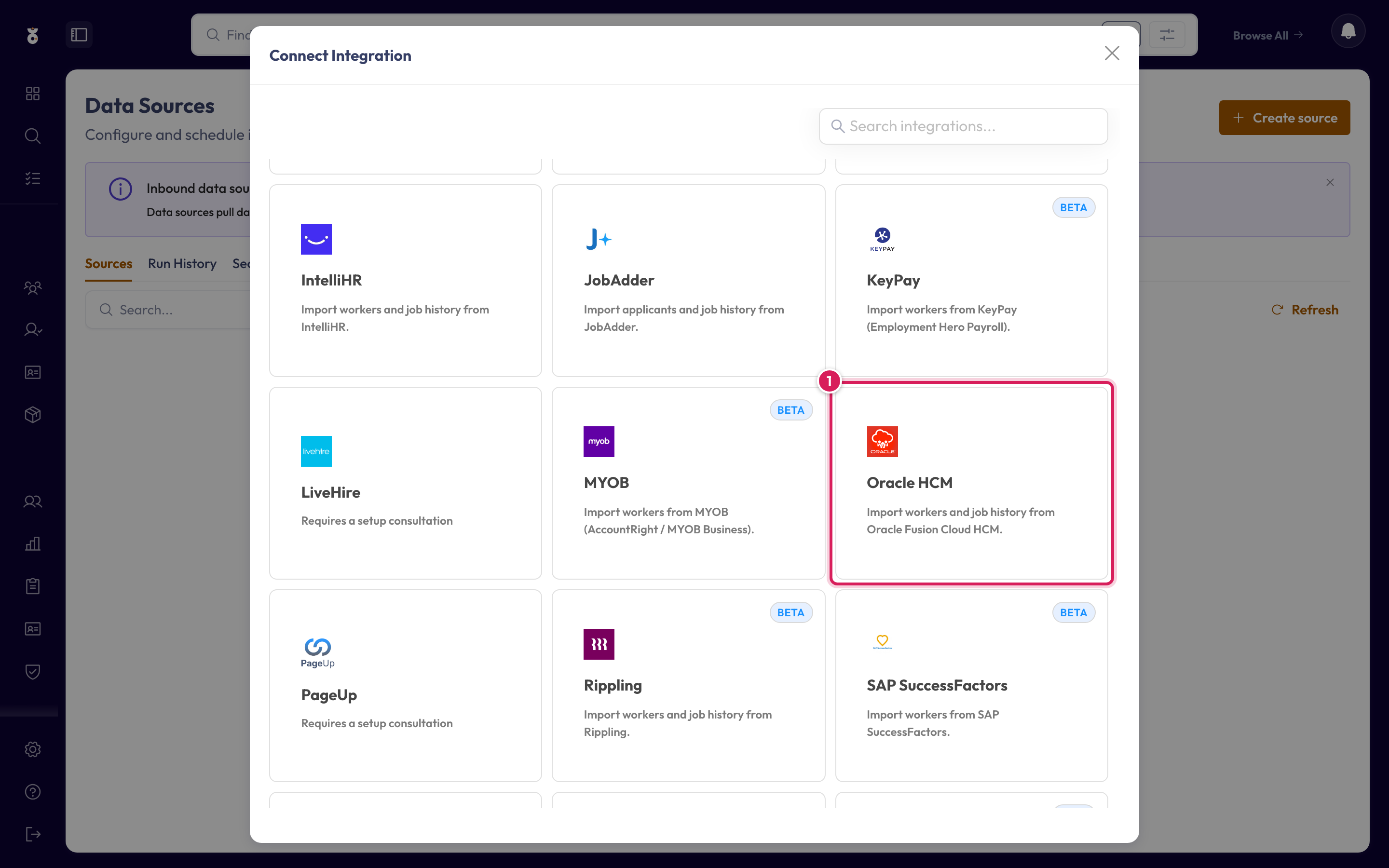 Choosing Oracle HCM as the source in Oho