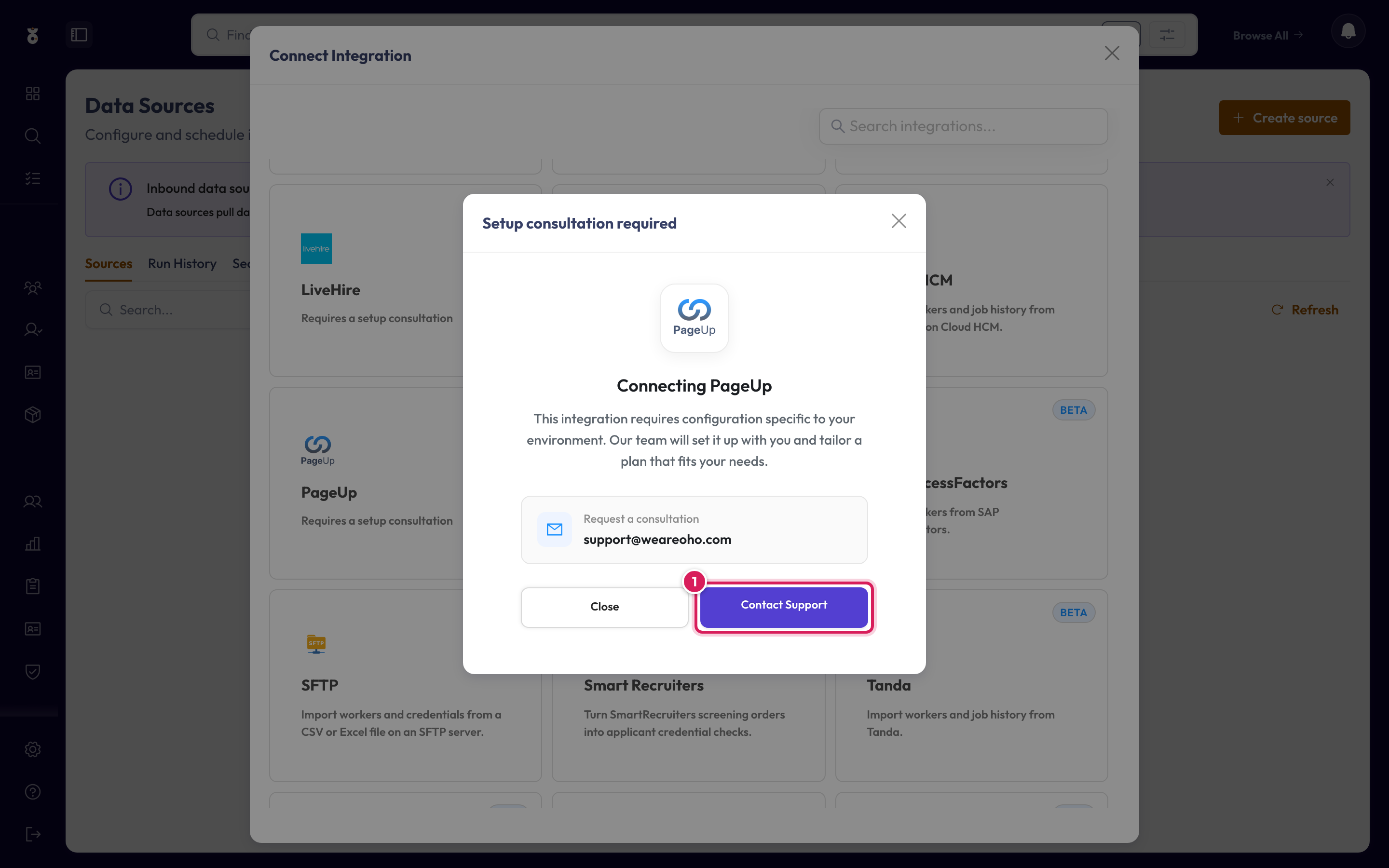 The Setup consultation required message for PageUp, with the Contact Support button