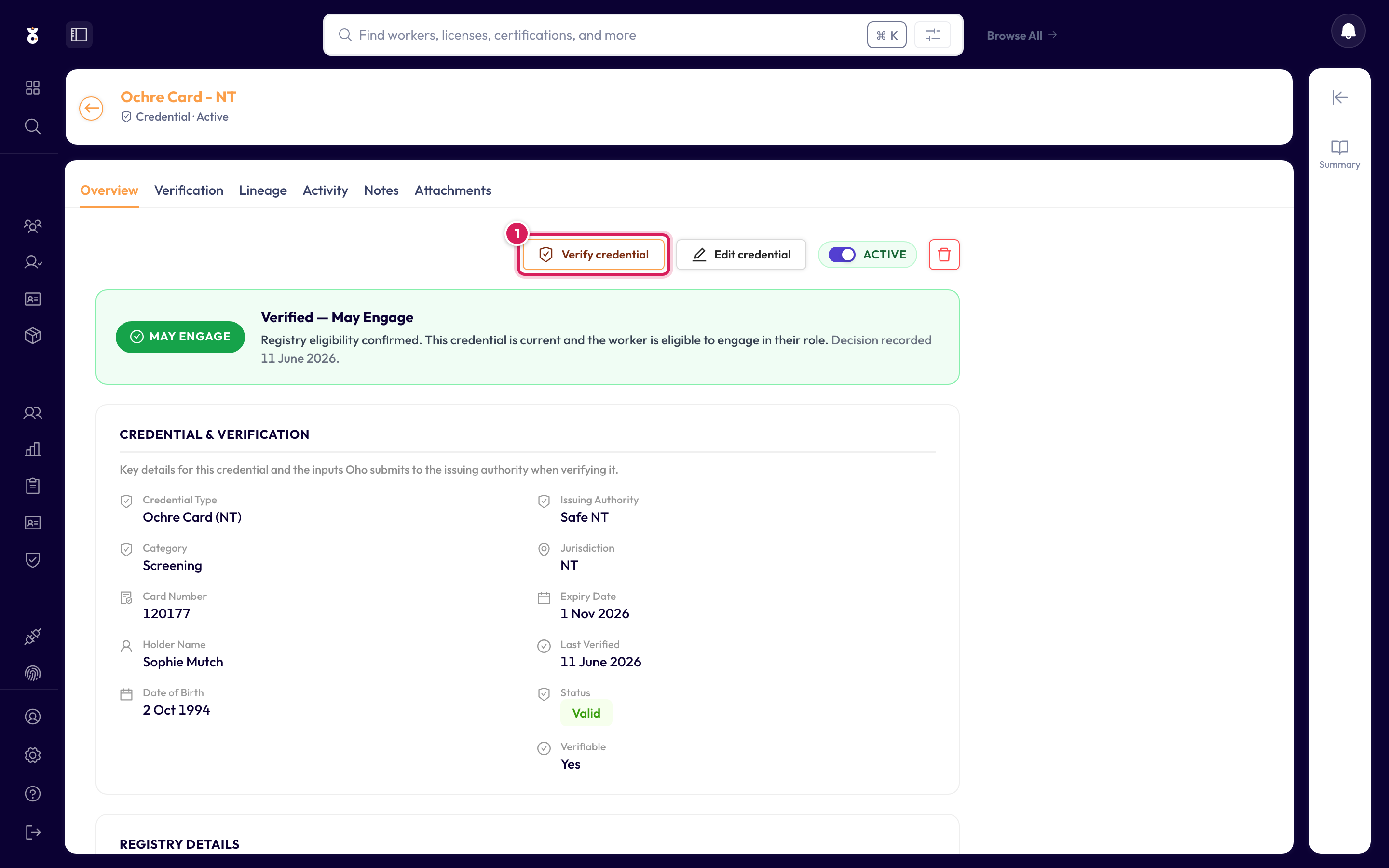 The credential page with Verify credential highlighted