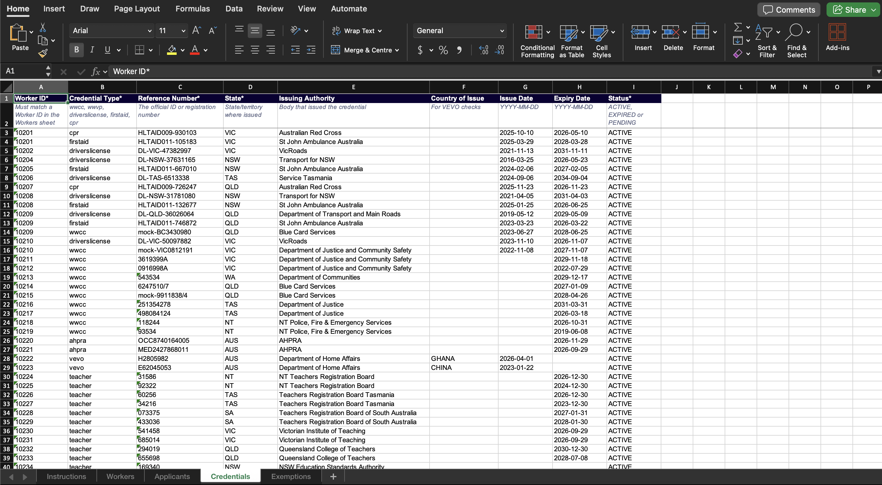 The import template, showing the Workers and Credentials sheets