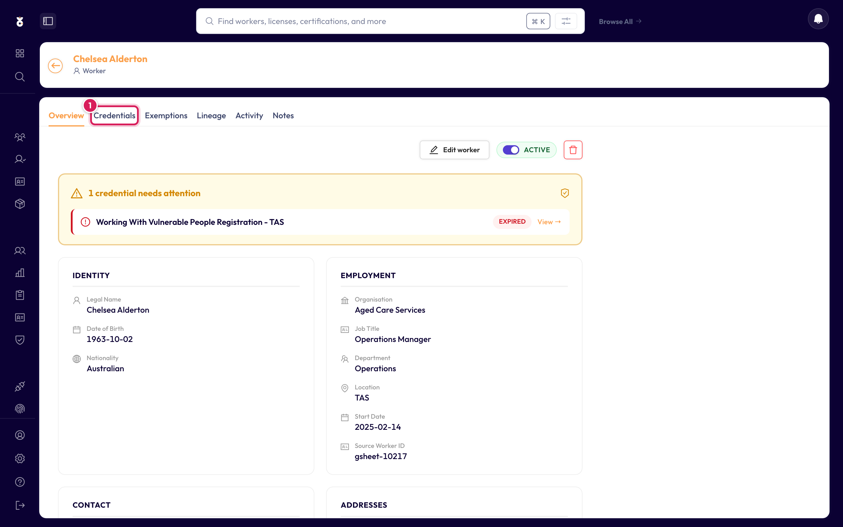 A worker profile with the Credentials tab highlighted