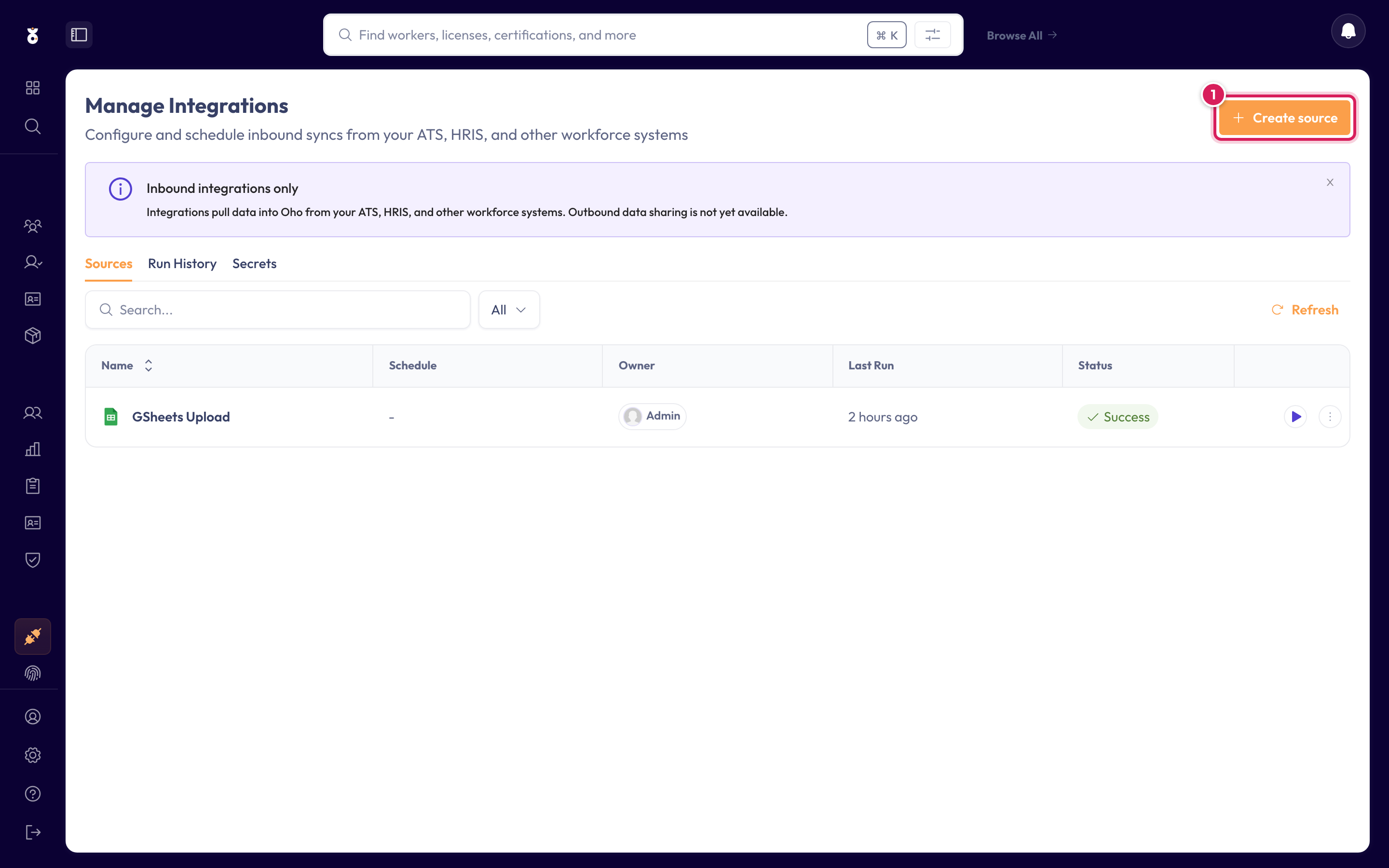 The create button on the Integrations page