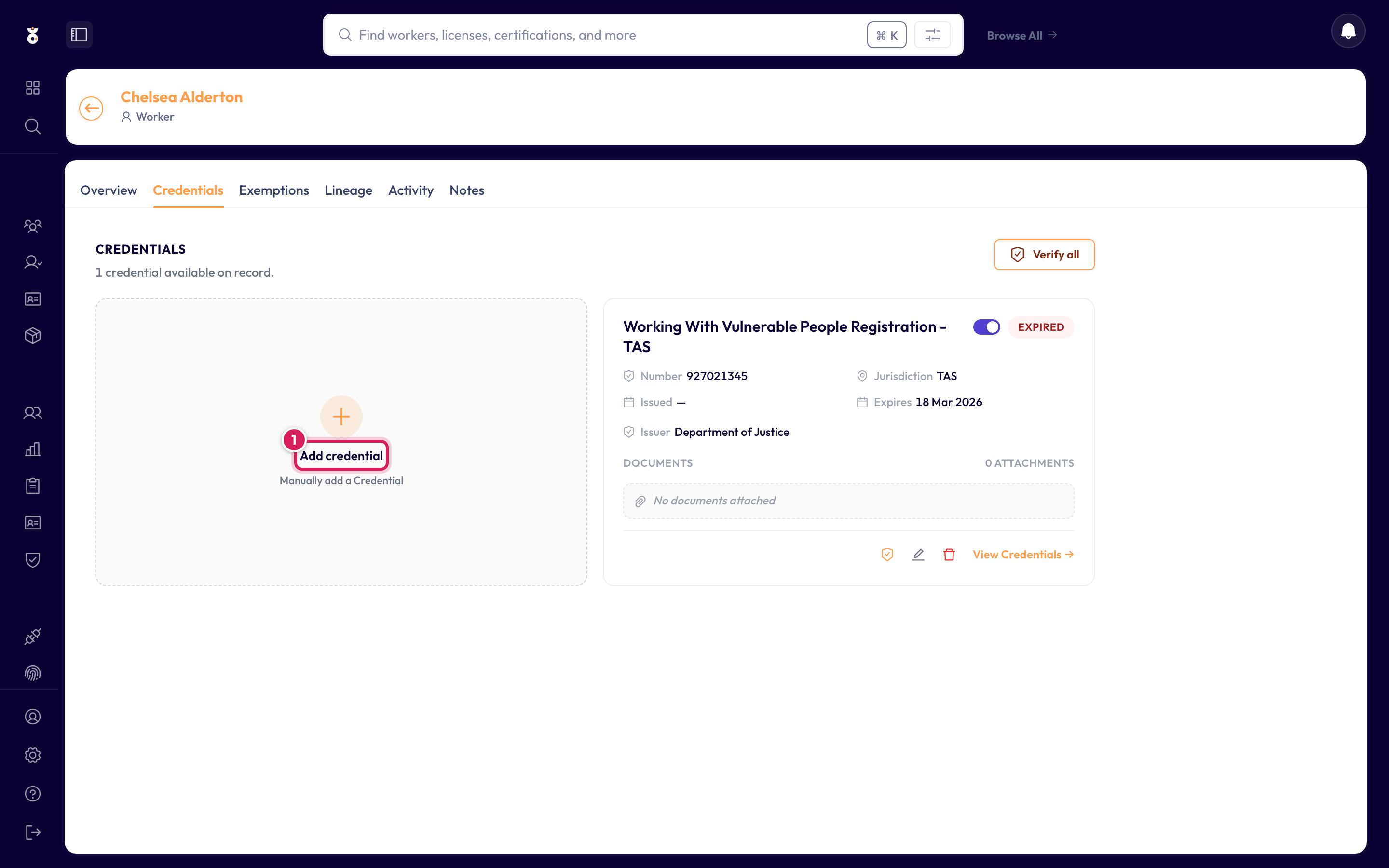 The Credentials tab with the Add credential tile highlighted