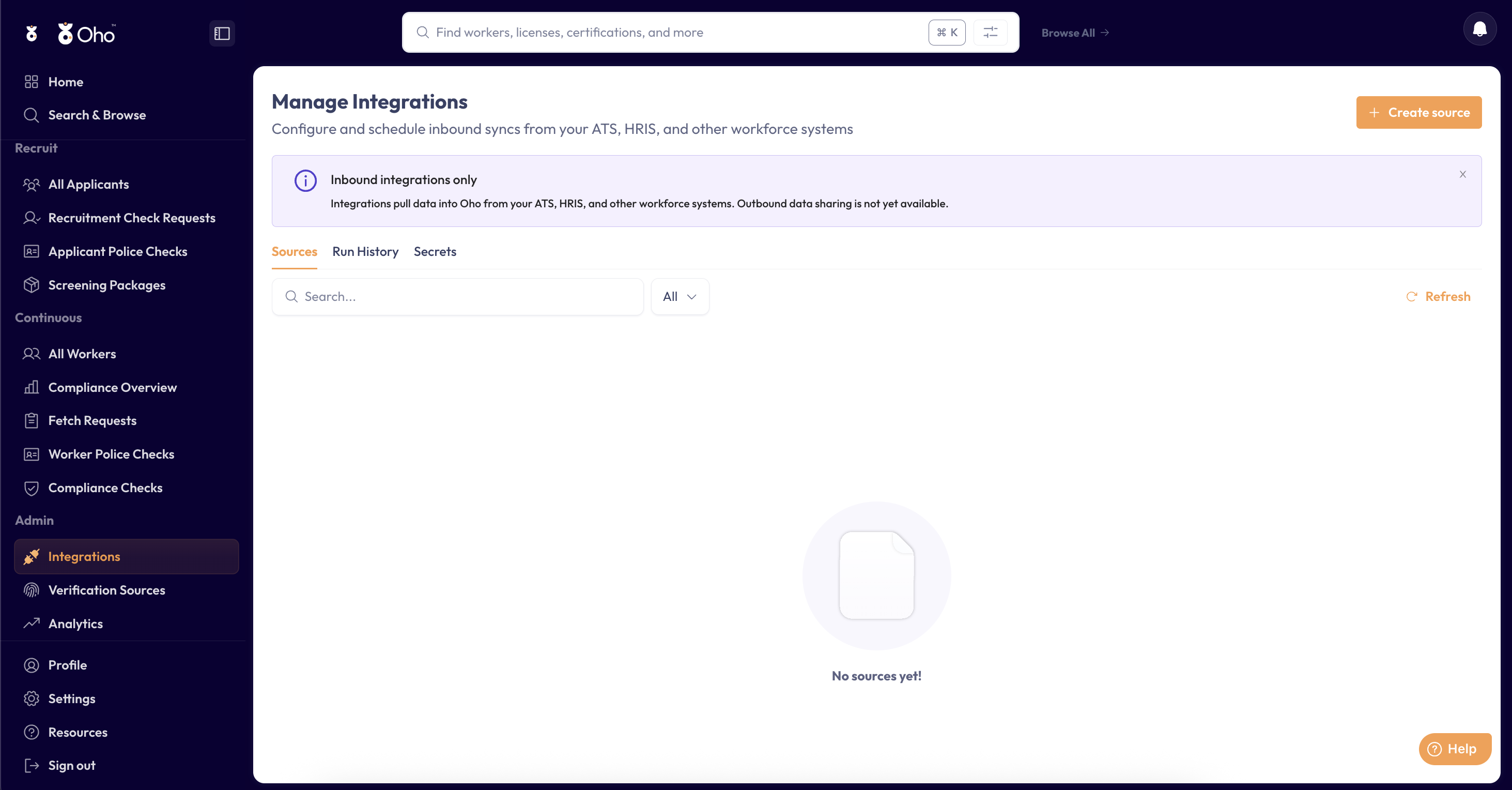 The Integrations page in Oho