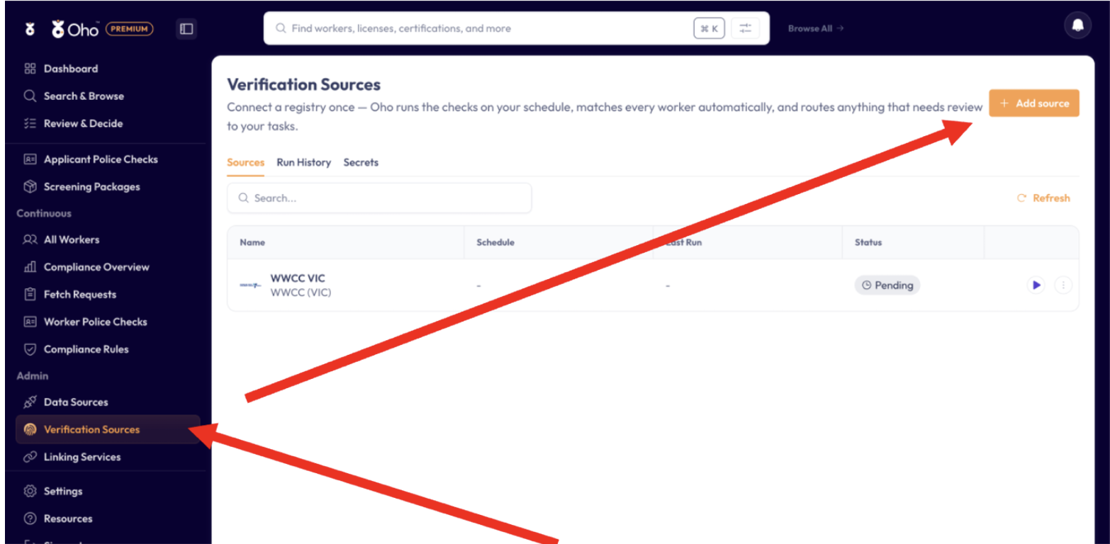 The Verification Sources page, with the menu item and the Add source button