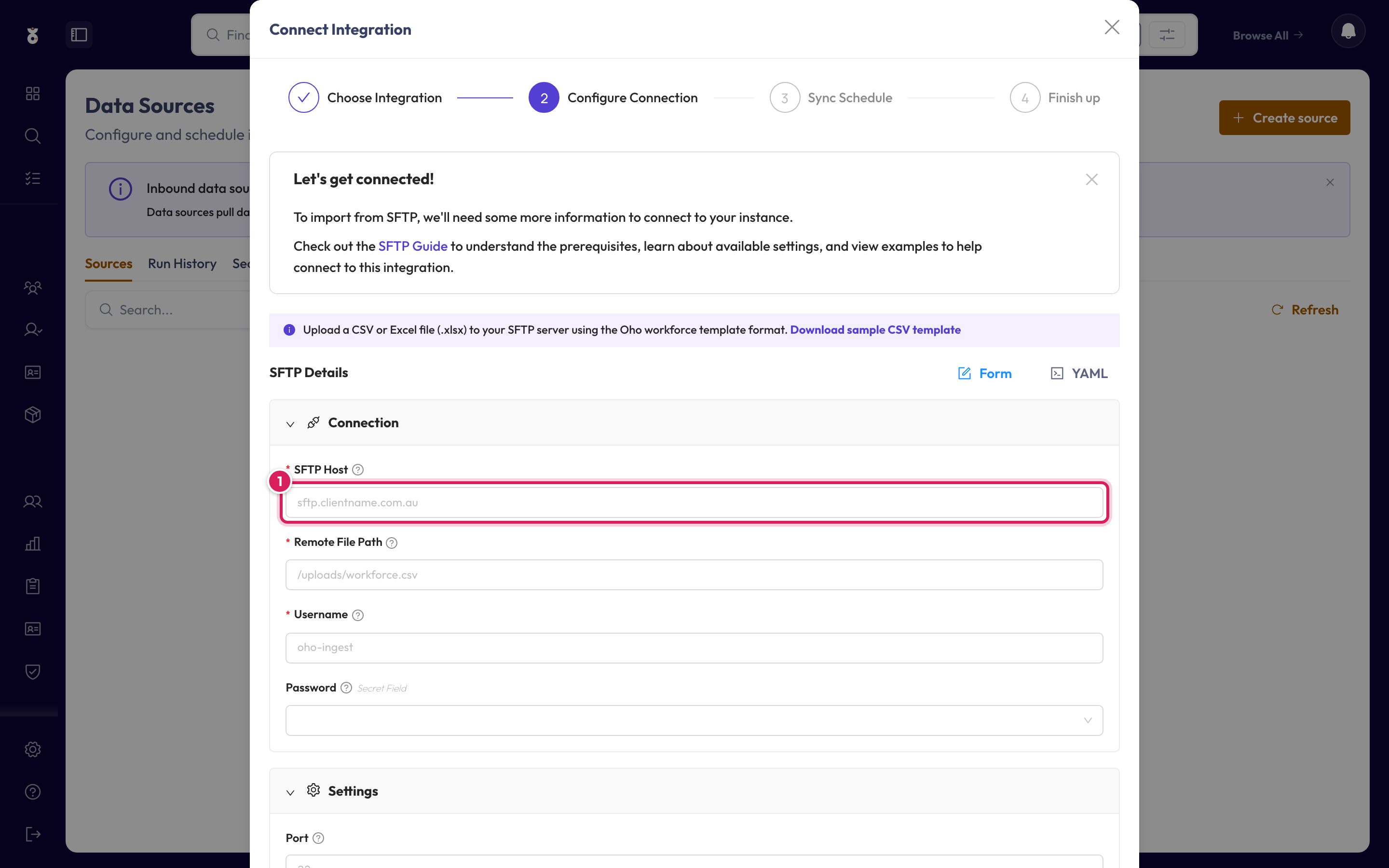 The SFTP connection form: server details under Connection, with Port and the private key under Settings