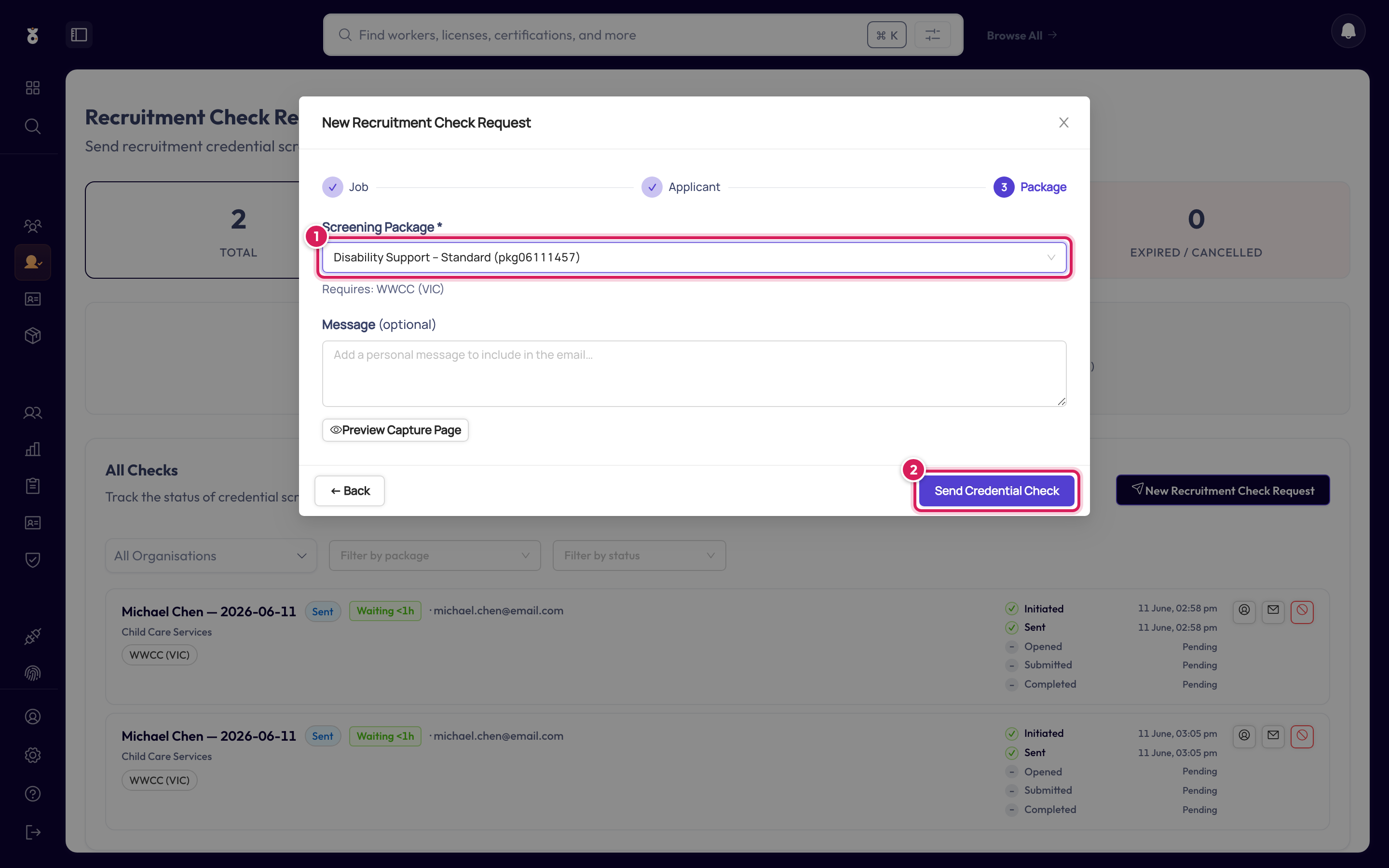 Choosing the screening package and sending