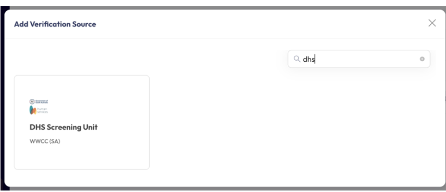 Searching for DHS on the Add Verification Source screen