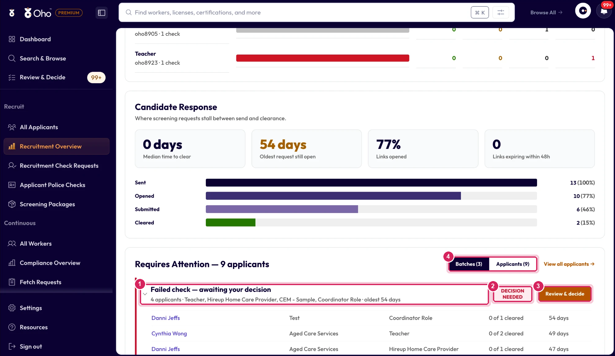The Requires Attention list with a batch expanded, its tag and its action button highlighted