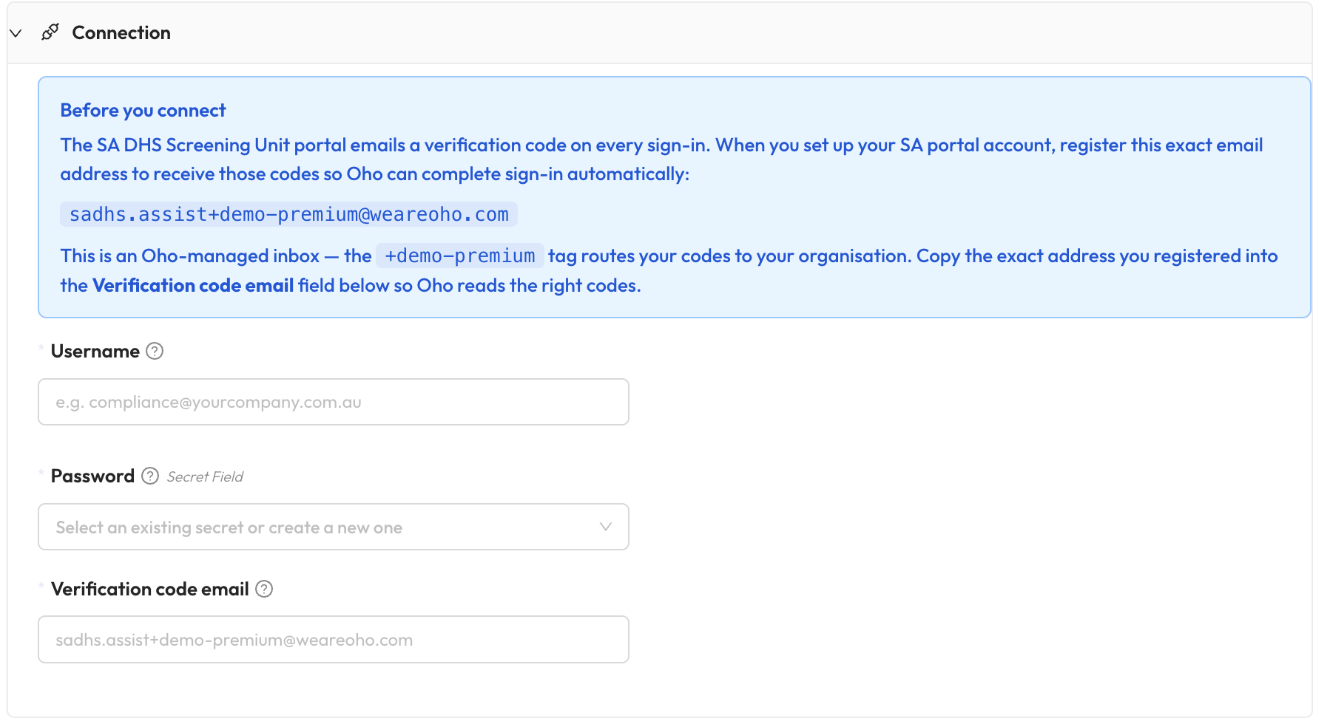 The connection step, showing the Before you connect box and the Username, Password and Verification code email fields