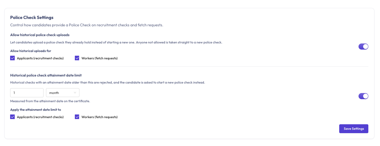 The Police Check Settings card under Settings → Manage → Features, with the historical upload and attainment date limit options