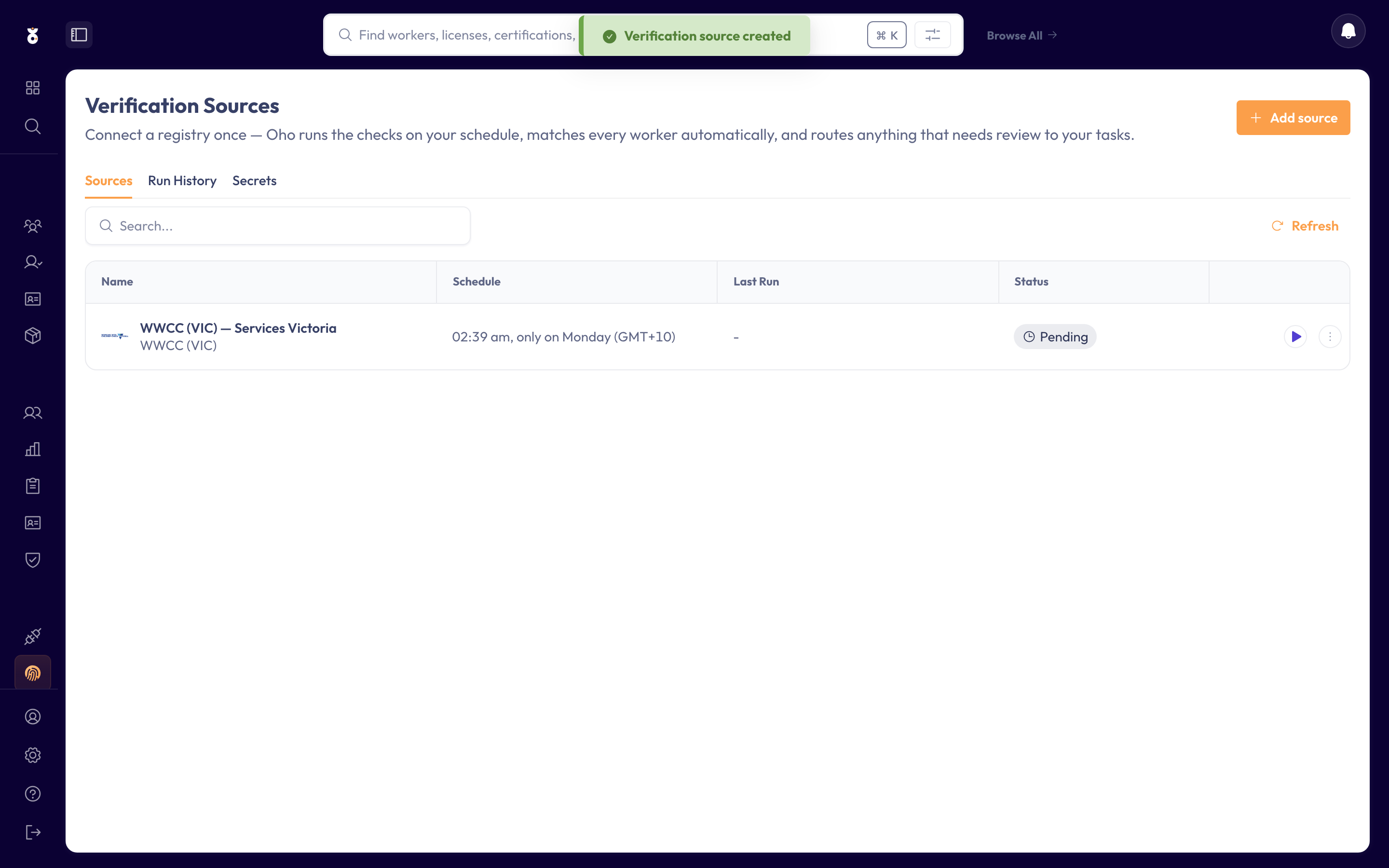The new source in the Verification Sources list